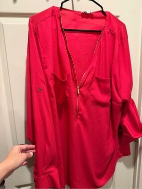 Calvin Klein Women’s Hot Pink Zip-Front Long Sleeve Blouse
